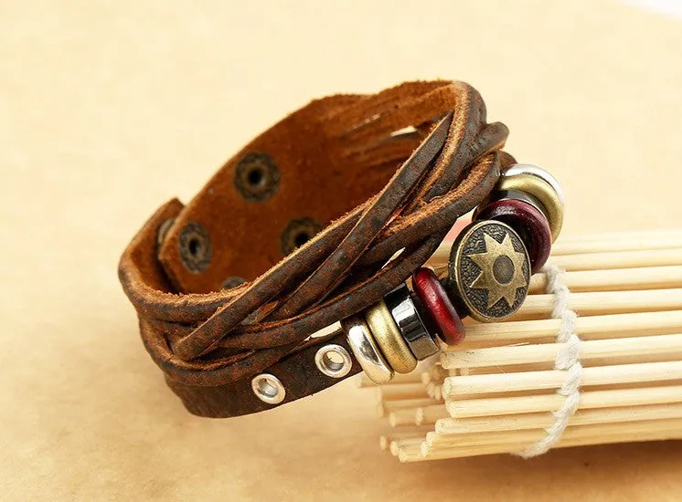 New Man Vintage Braided Leather Bracelet Punk Metal Star Pattern Rope Bracelets Hip-hop Multilayer Warp Bangle