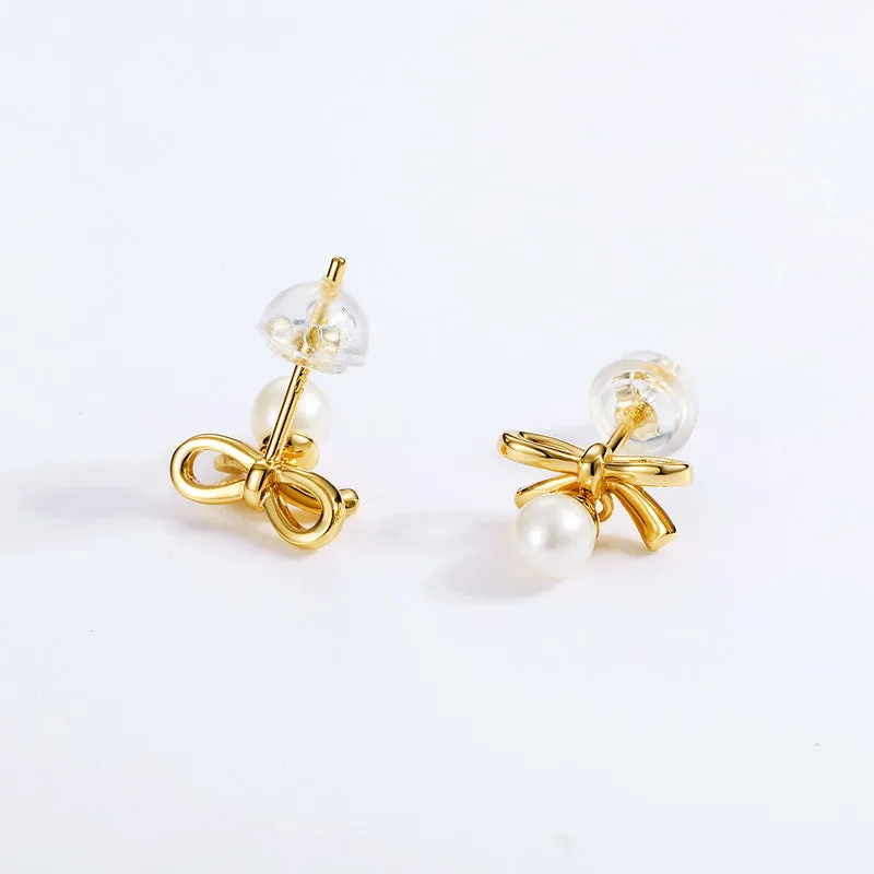 Polished Bowknot Round Pearl Pendant Sterling Silver Drop Earrings