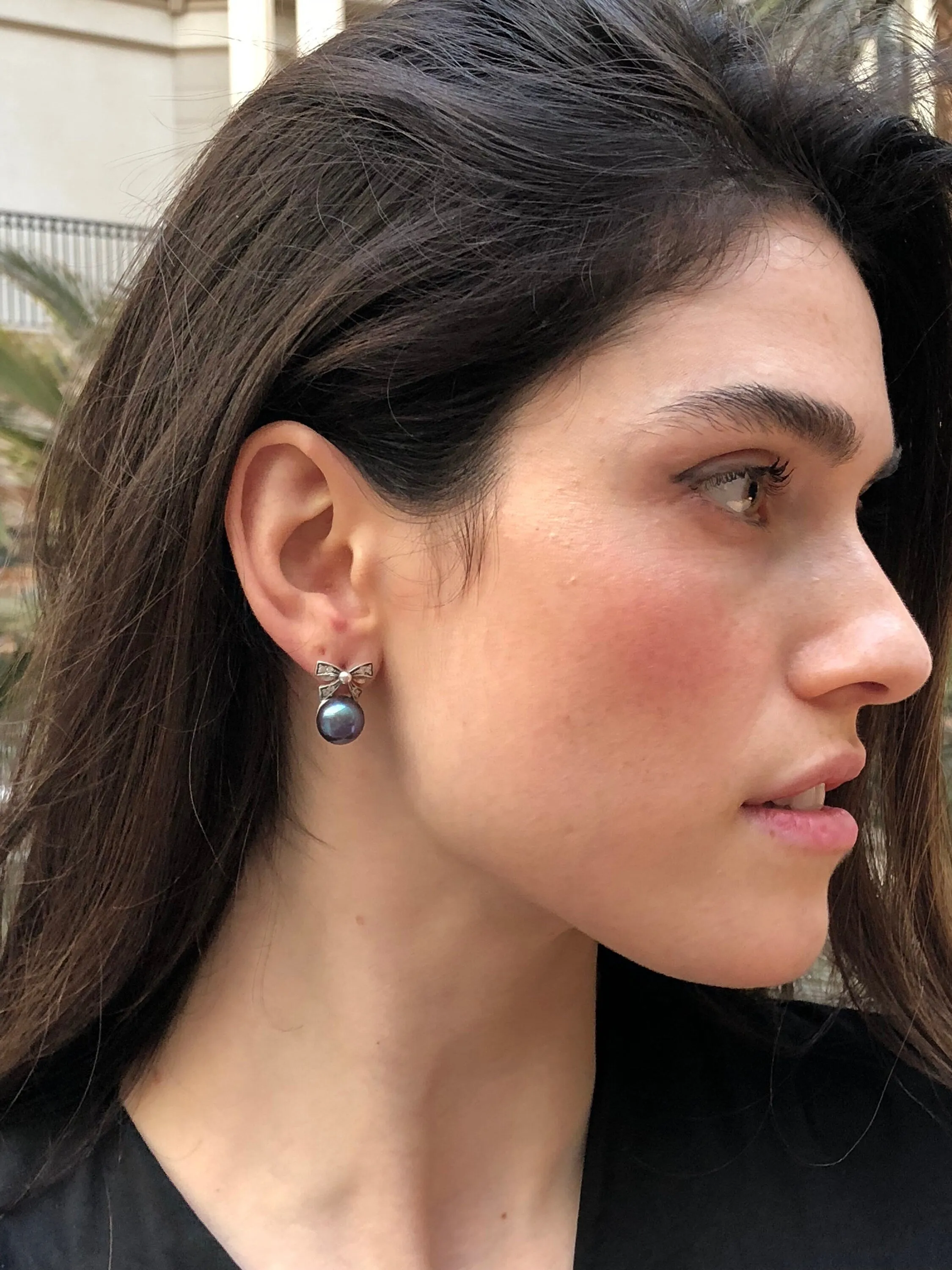 Ribbon Pearl Earrings - Black Pearl Earrings - Round Drop Earrings