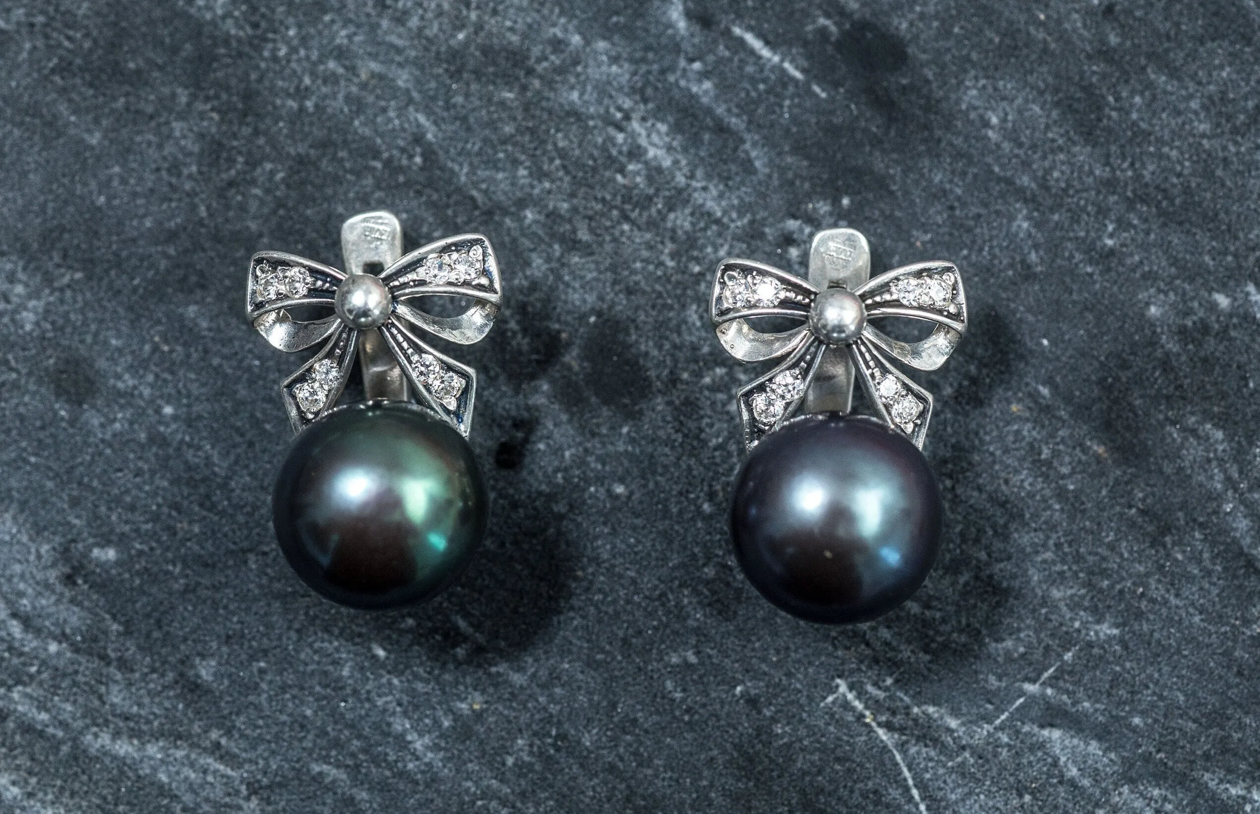 Ribbon Pearl Earrings - Black Pearl Earrings - Round Drop Earrings