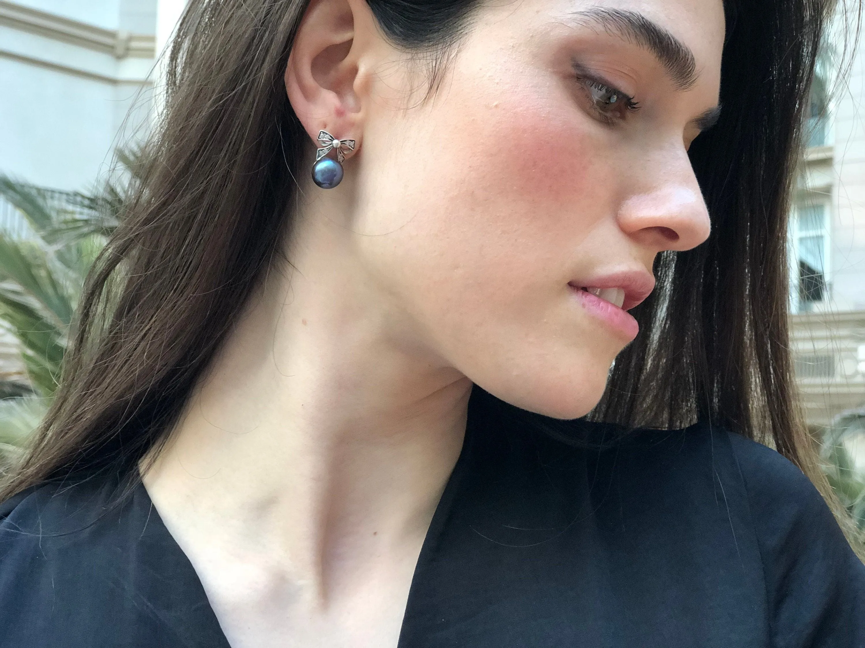 Ribbon Pearl Earrings - Black Pearl Earrings - Round Drop Earrings