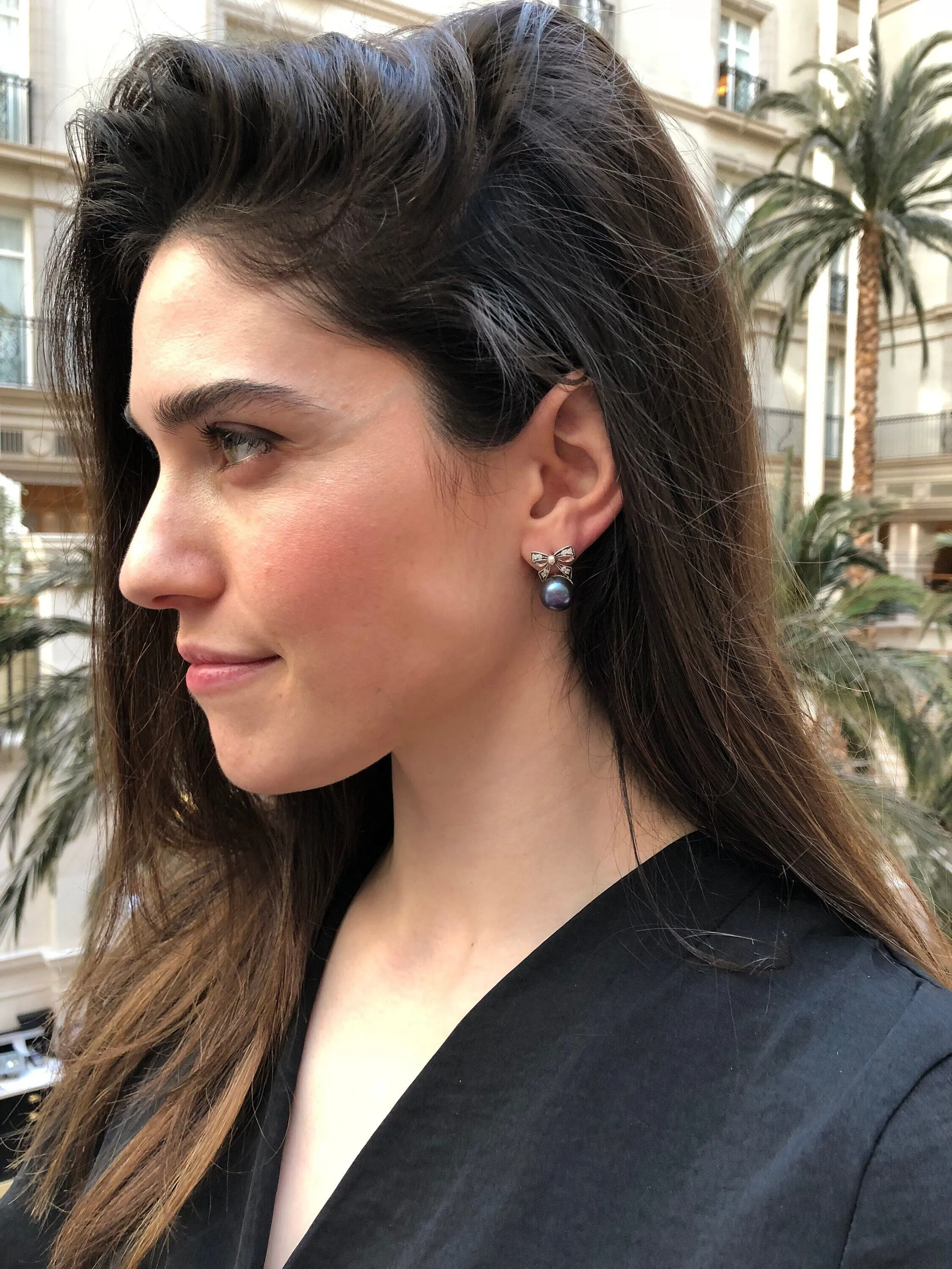 Ribbon Pearl Earrings - Black Pearl Earrings - Round Drop Earrings
