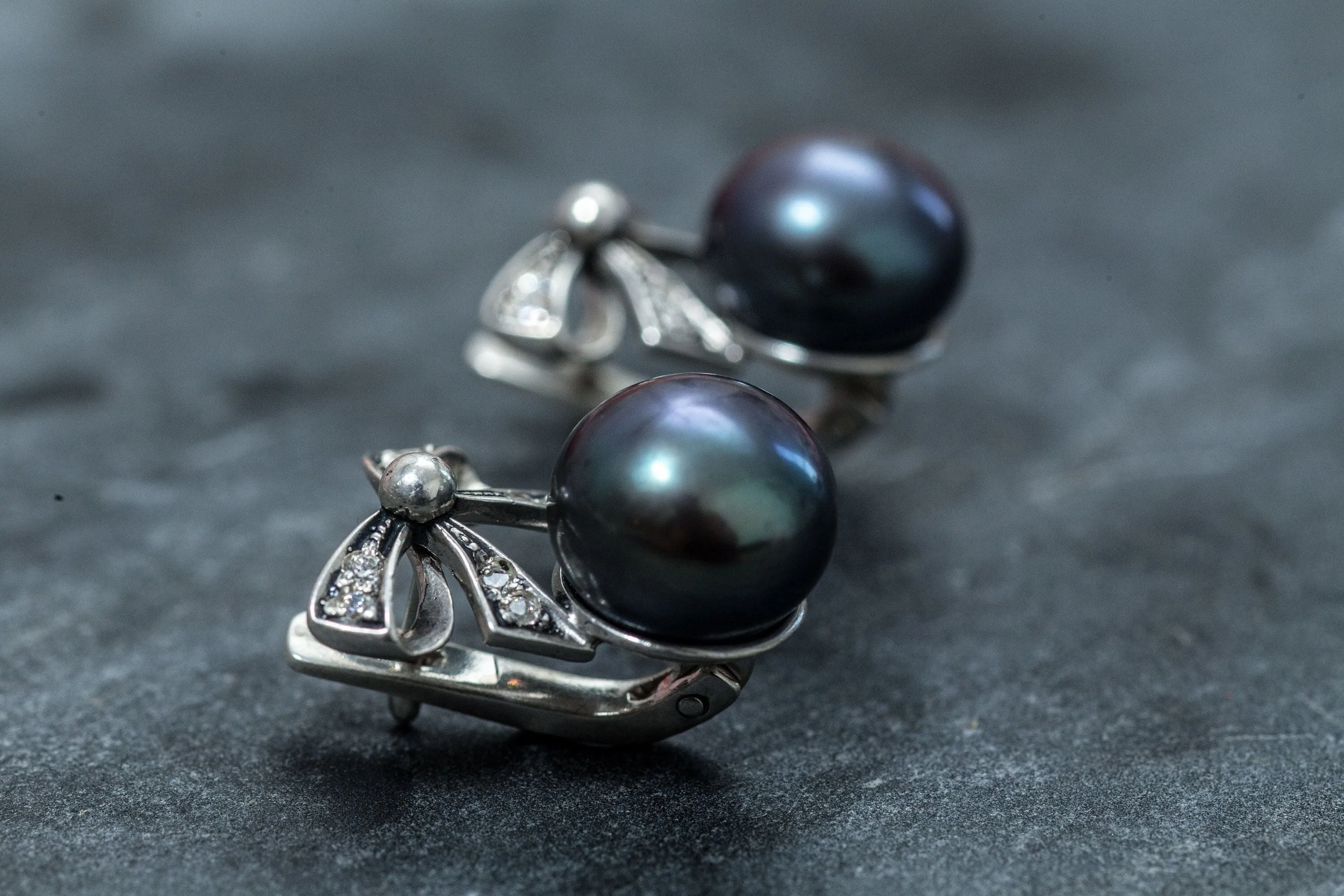 Ribbon Pearl Earrings - Black Pearl Earrings - Round Drop Earrings