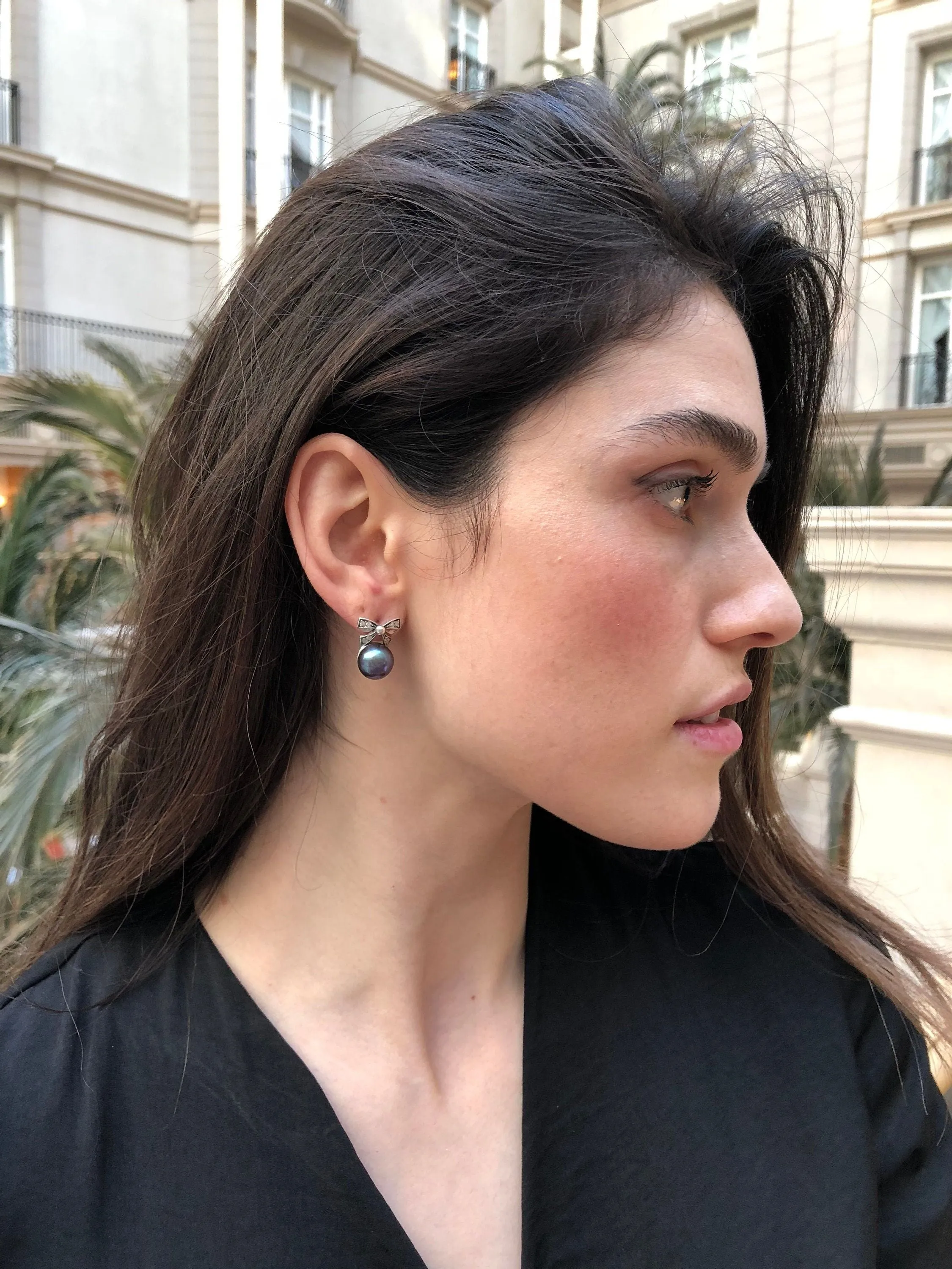 Ribbon Pearl Earrings - Black Pearl Earrings - Round Drop Earrings