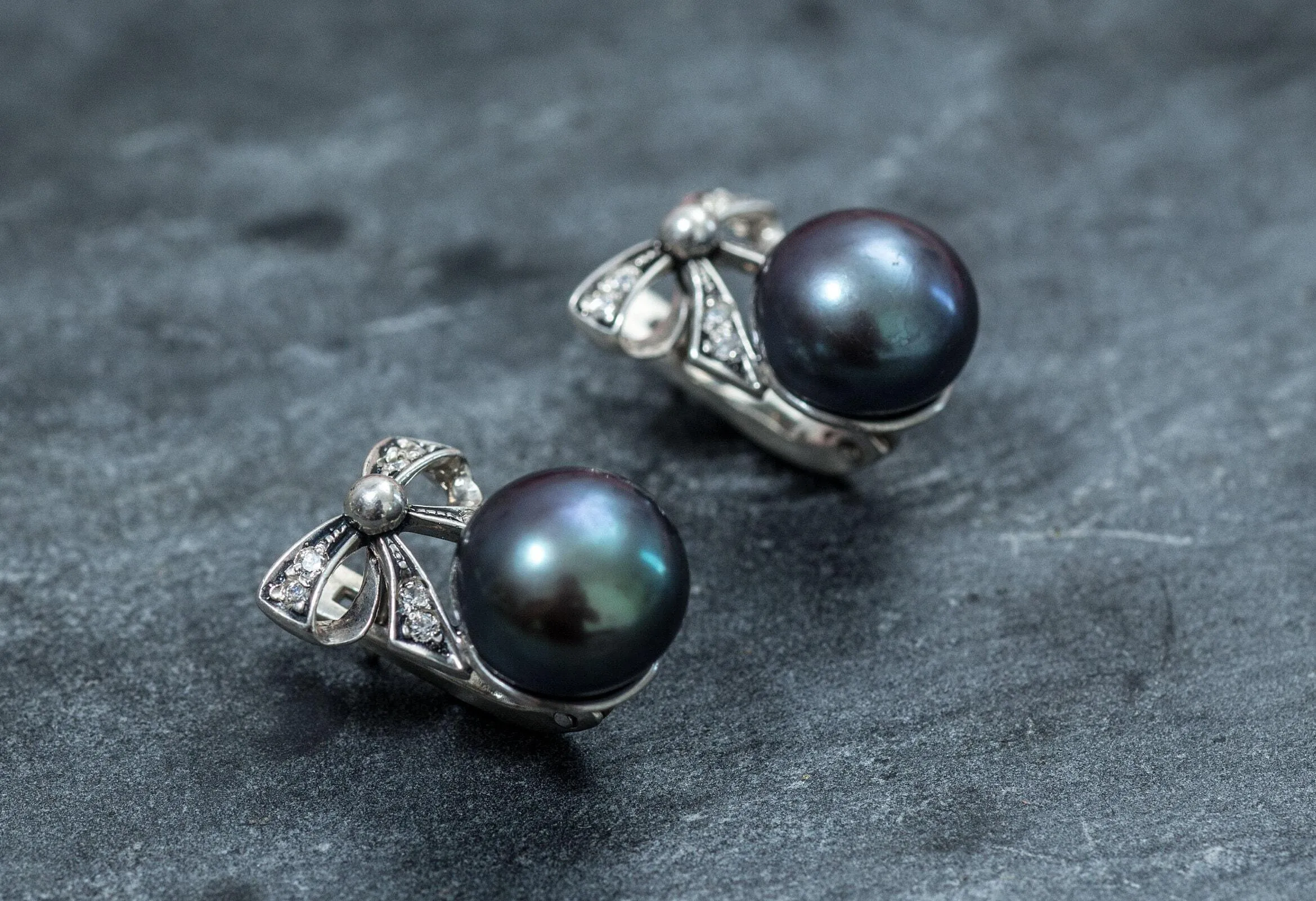 Ribbon Pearl Earrings - Black Pearl Earrings - Round Drop Earrings