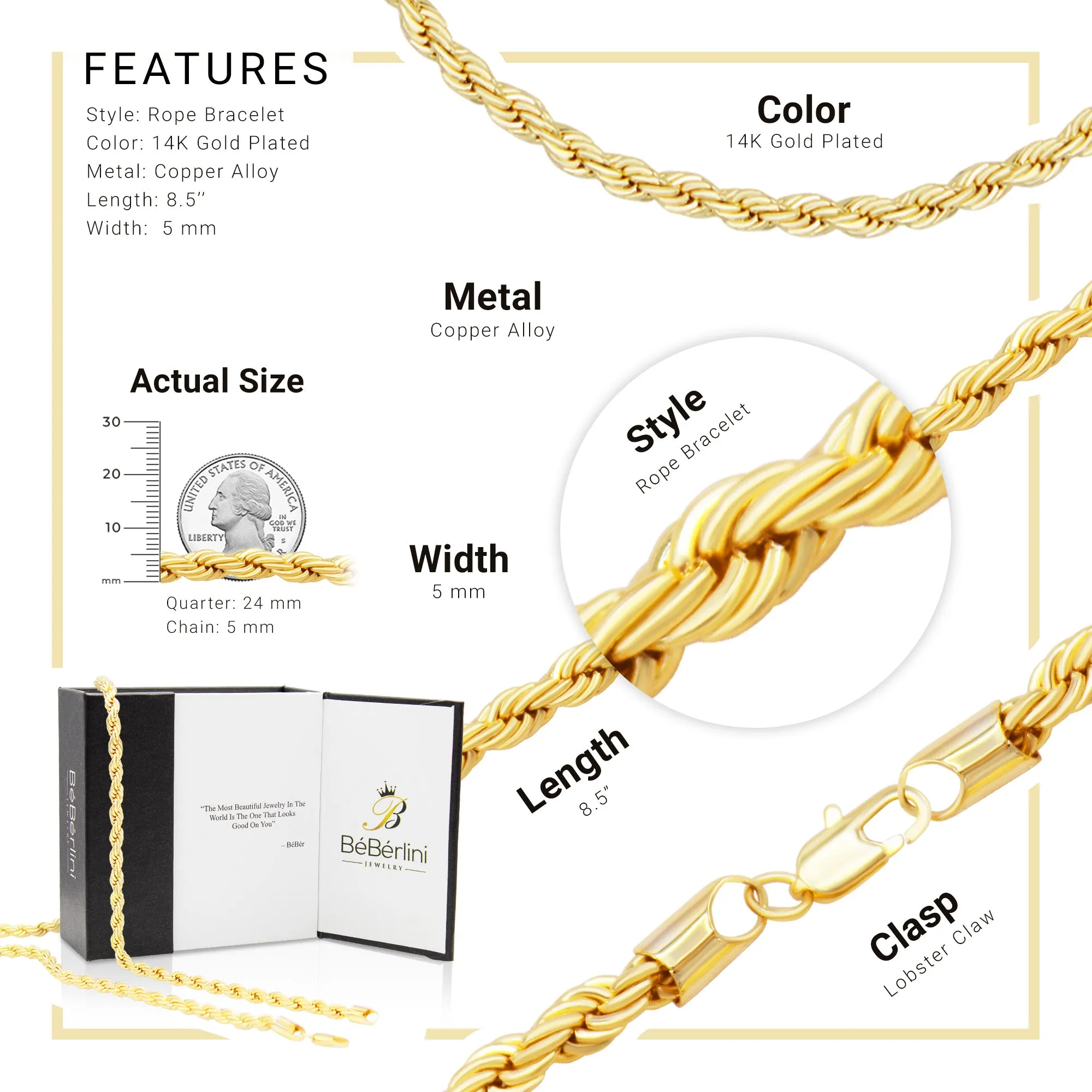 Rope Chain 14K Gold Filled Bracelet 8.5" Lobster Claw Clasp Jewelry Men 5 mm