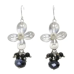 Semiprecious Crystal Cluster Drop Flower Earrings Black