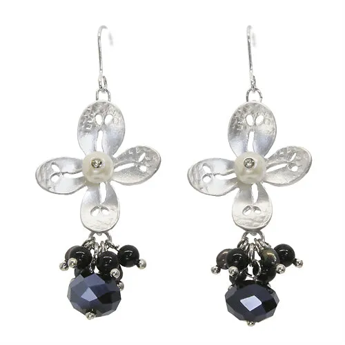 Semiprecious Crystal Cluster Drop Flower Earrings Black