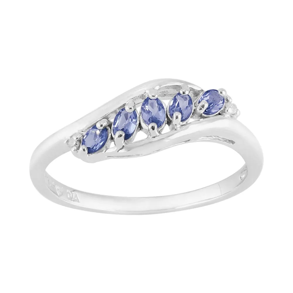 Sterling Silber 0,36 Karat Natürlicher Tansanit & Diamant Zeitgenössicher Fünf Steine Ring