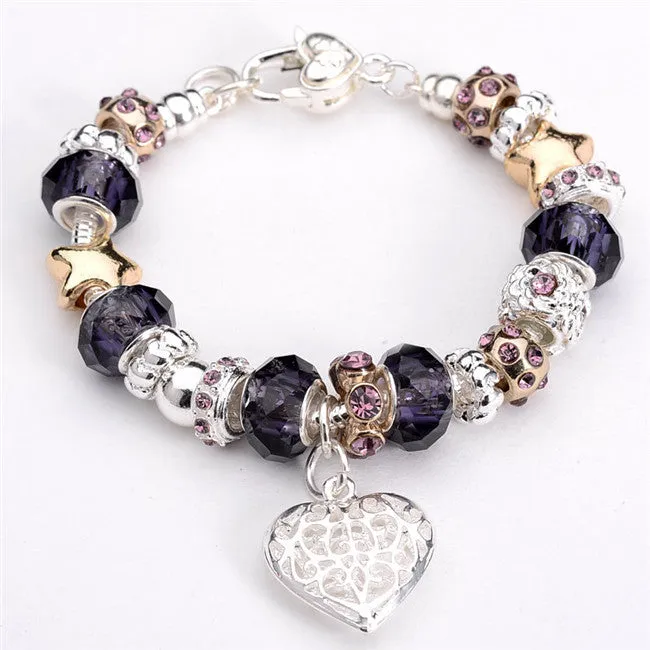 Sterling Silver Jewelry Heart Bracelet Daisies Murano Glass European Beads Charm Bracelets