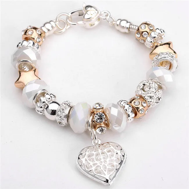 Sterling Silver Jewelry Heart Bracelet Daisies Murano Glass European Beads Charm Bracelets