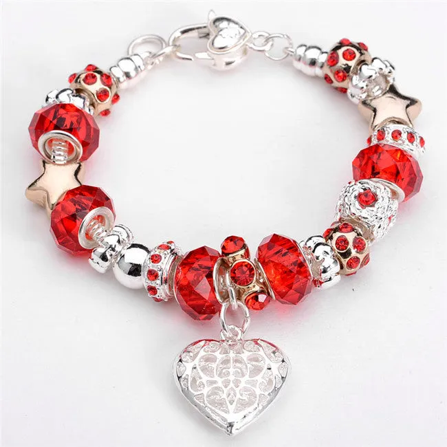 Sterling Silver Jewelry Heart Bracelet Daisies Murano Glass European Beads Charm Bracelets