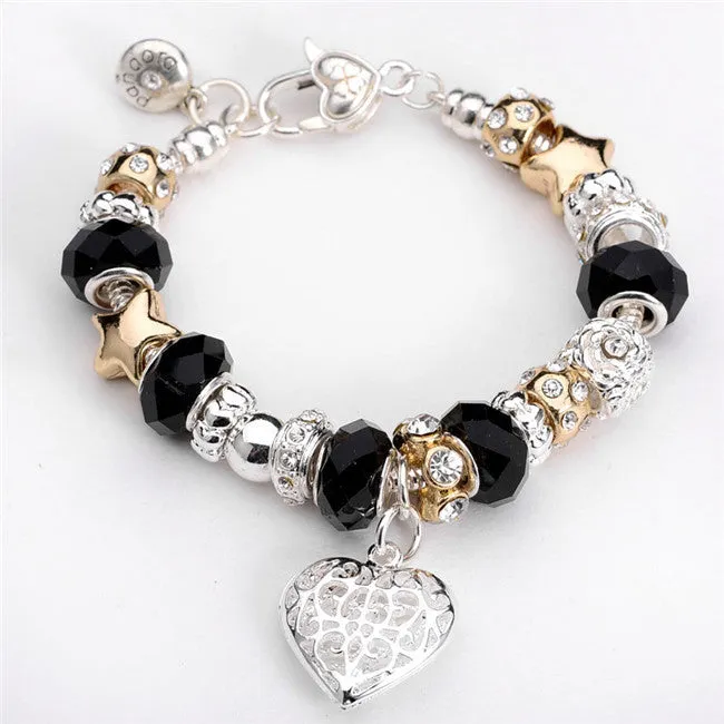 Sterling Silver Jewelry Heart Bracelet Daisies Murano Glass European Beads Charm Bracelets