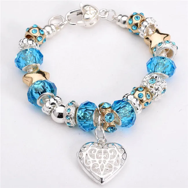 Sterling Silver Jewelry Heart Bracelet Daisies Murano Glass European Beads Charm Bracelets