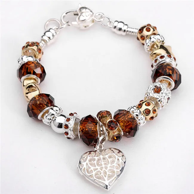 Sterling Silver Jewelry Heart Bracelet Daisies Murano Glass European Beads Charm Bracelets