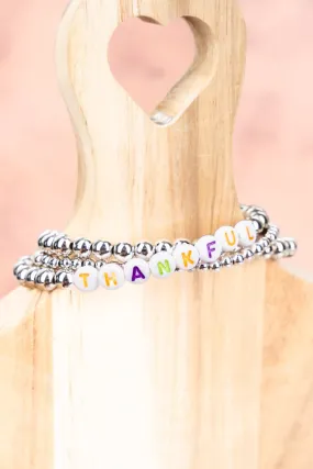Tiled Letter 'Thankful'  Silvertone Beaded Bracelet Set