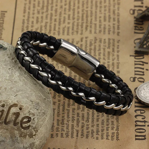 Top Quality Genuine Leather Stainless steel Men Bracelet Wrap Wristband For Men Bracelet Men Jewelry