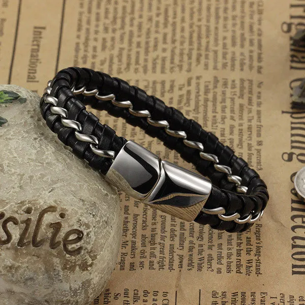 Top Quality Genuine Leather Stainless steel Men Bracelet Wrap Wristband For Men Bracelet Men Jewelry