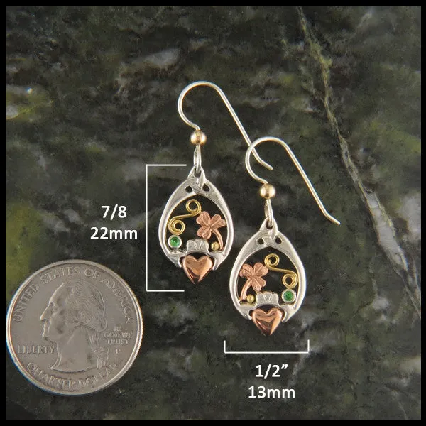 Tri-Color Claddagh Pendant and Earring Set in Gold and Silver