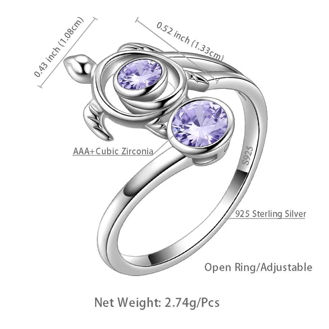 Turtle Birthstone June Alexandrite Ring Open Women Girls Jewelry Birthday Gift Sterling Silver