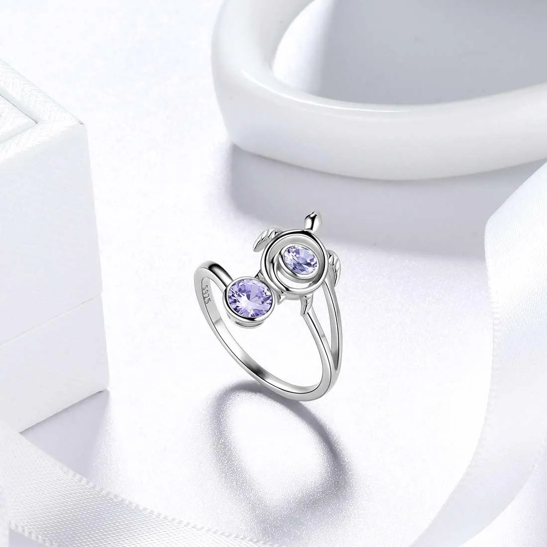 Turtle Birthstone June Alexandrite Ring Open Women Girls Jewelry Birthday Gift Sterling Silver