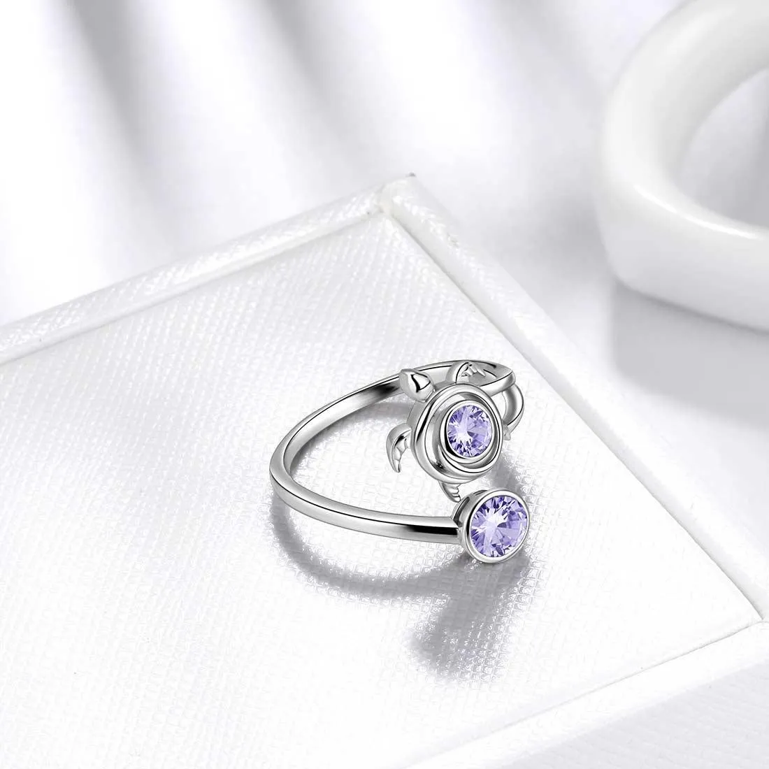 Turtle Birthstone June Alexandrite Ring Open Women Girls Jewelry Birthday Gift Sterling Silver