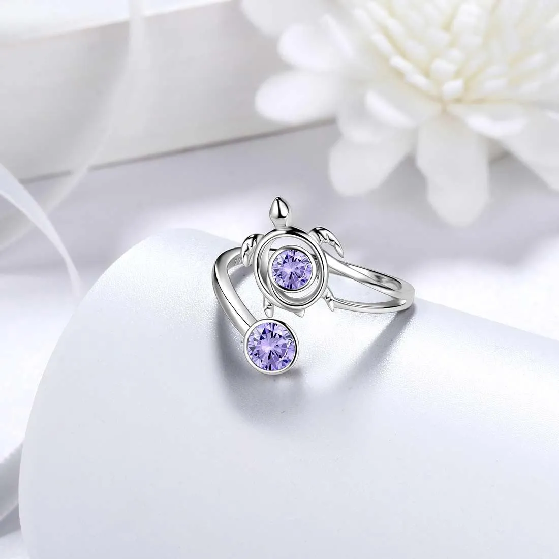 Turtle Birthstone June Alexandrite Ring Open Women Girls Jewelry Birthday Gift Sterling Silver