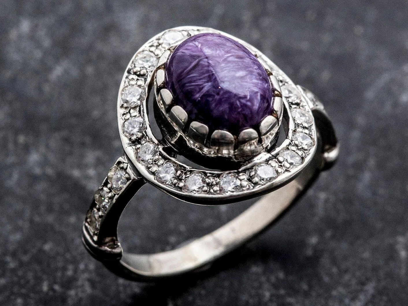 Victorian Purple Ring - Charoite Halo Ring - Purple Antique Ring