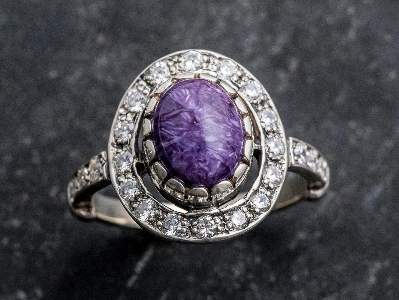 Victorian Purple Ring - Charoite Halo Ring - Purple Antique Ring