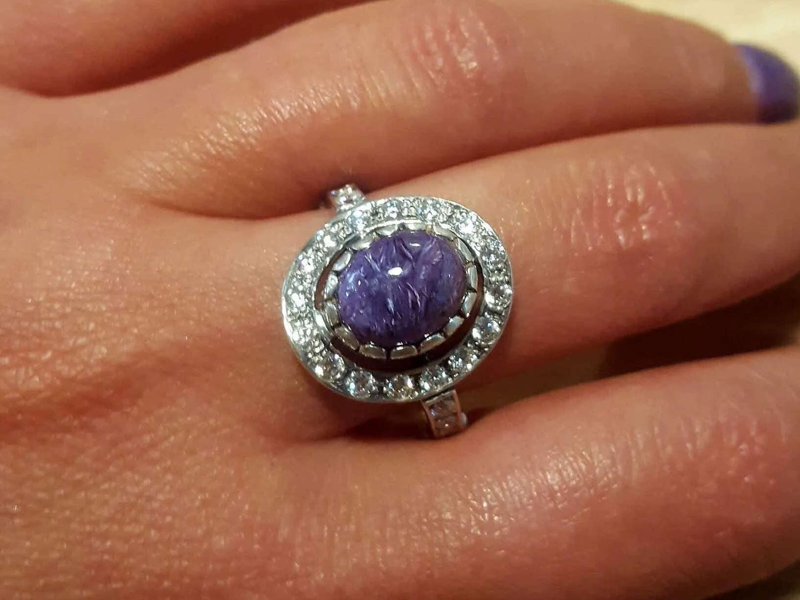Victorian Purple Ring - Charoite Halo Ring - Purple Antique Ring