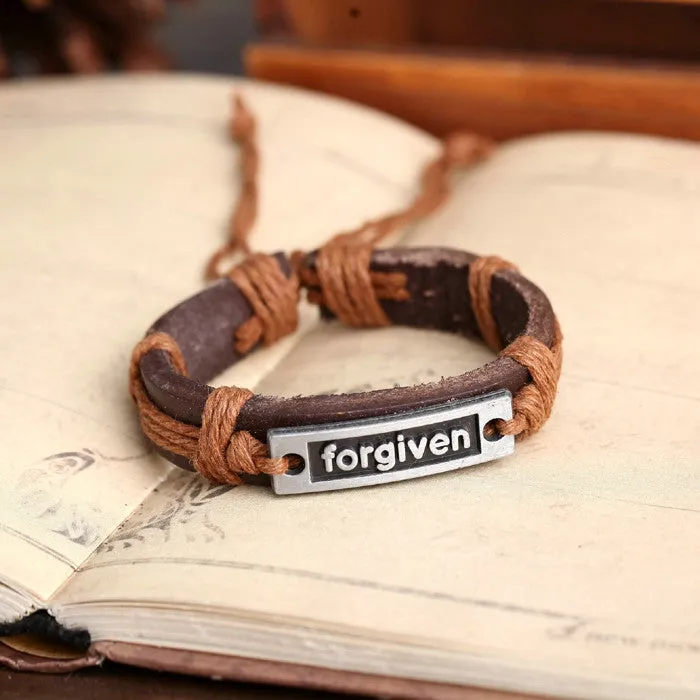 Vintage Jewelry Genuine Leather Bracelet Men Bracelet for Women Femme "FORGIVEN" Charm Bracelets Bangles Fashion Jewelry