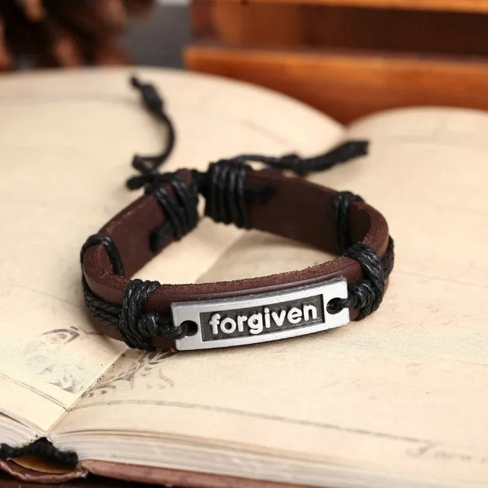 Vintage Jewelry Genuine Leather Bracelet Men Bracelet for Women Femme "FORGIVEN" Charm Bracelets Bangles Fashion Jewelry