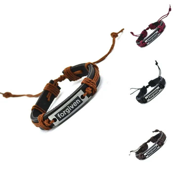 Vintage Jewelry Genuine Leather Bracelet Men Bracelet for Women Femme "FORGIVEN" Charm Bracelets Bangles Fashion Jewelry