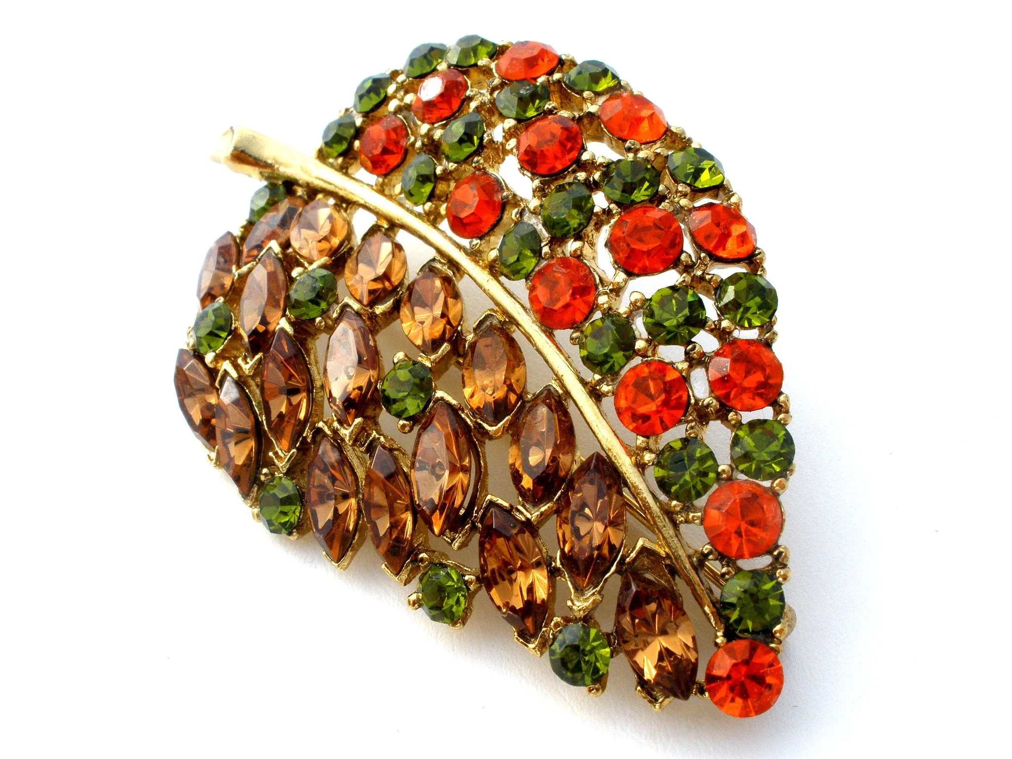 Vintage Leaf Brooch Rhinestone Jewelry Pin