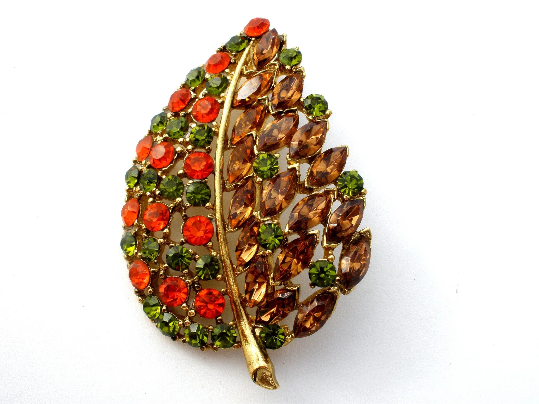 Vintage Leaf Brooch Rhinestone Jewelry Pin