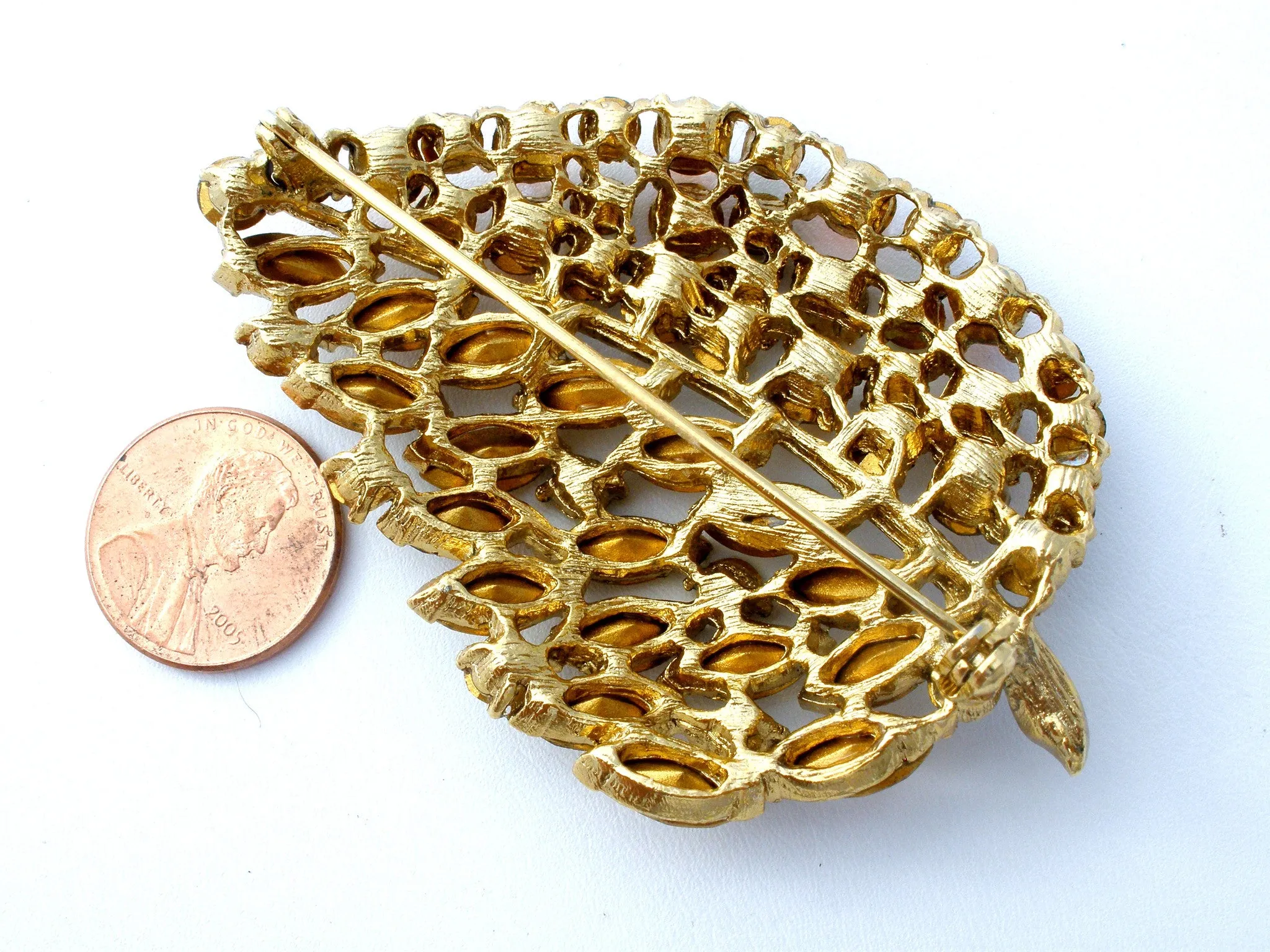 Vintage Leaf Brooch Rhinestone Jewelry Pin