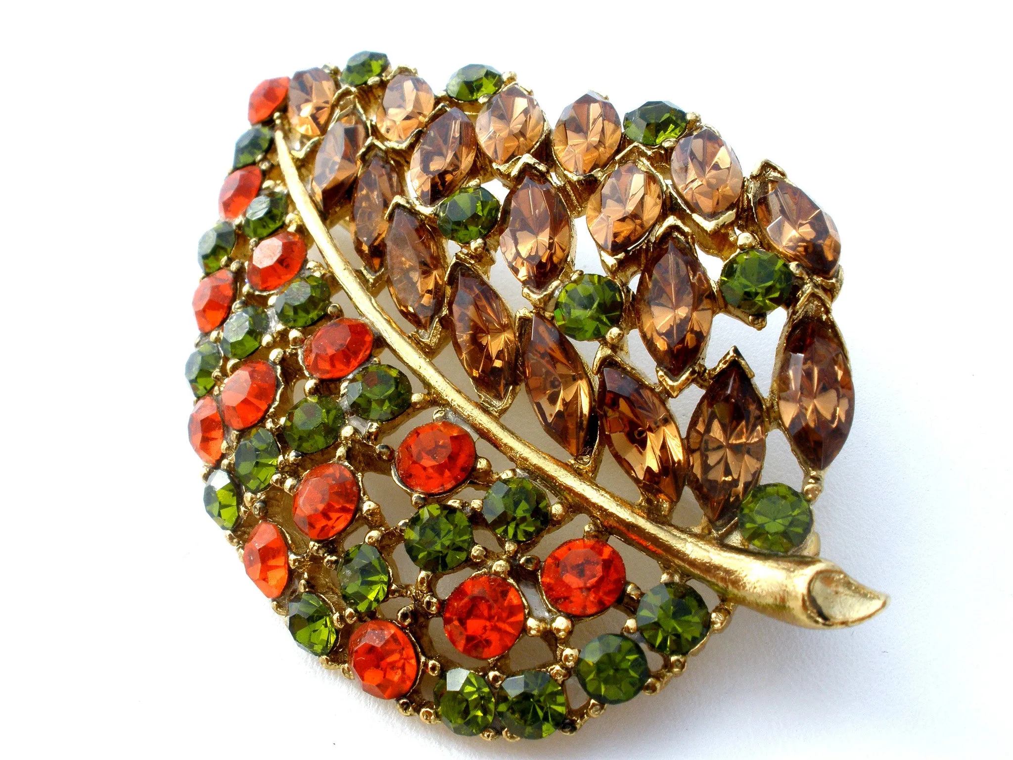 Vintage Leaf Brooch Rhinestone Jewelry Pin