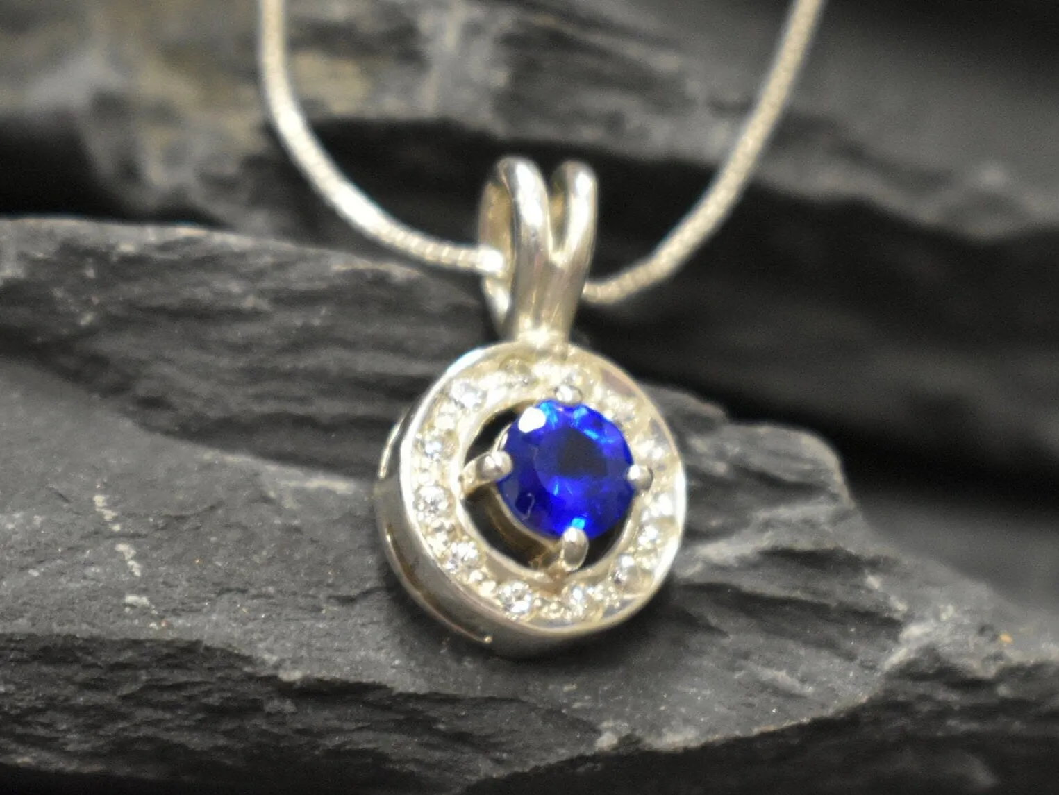 Vintage Sapphire Pendant - Round Sapphire Necklace - Blue Halo Necklace
