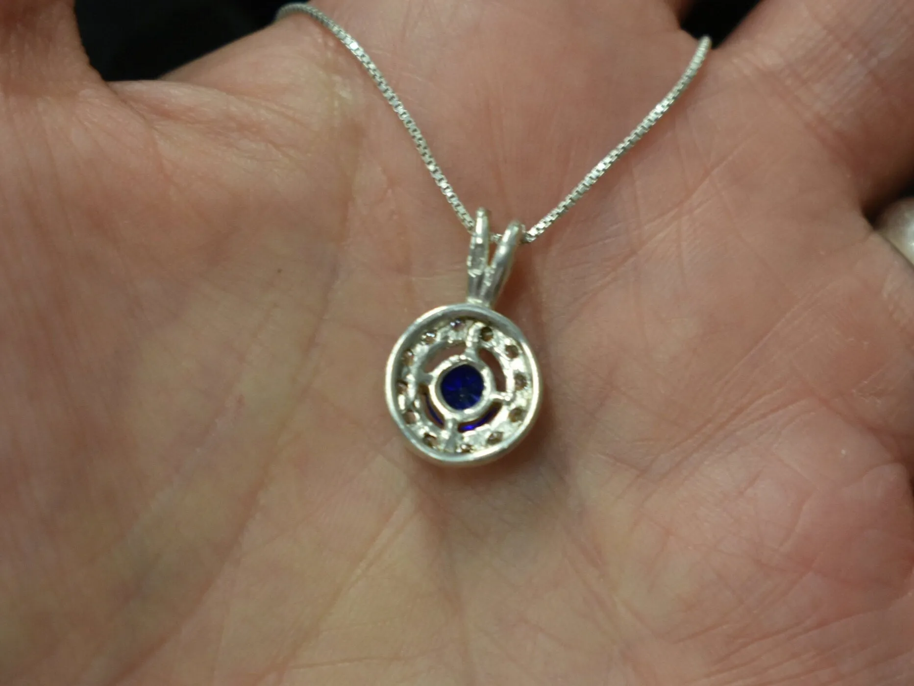 Vintage Sapphire Pendant - Round Sapphire Necklace - Blue Halo Necklace