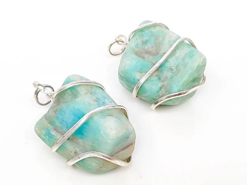 Wire Wrapped Raw Amazonite Crystal Pendant Necklaces