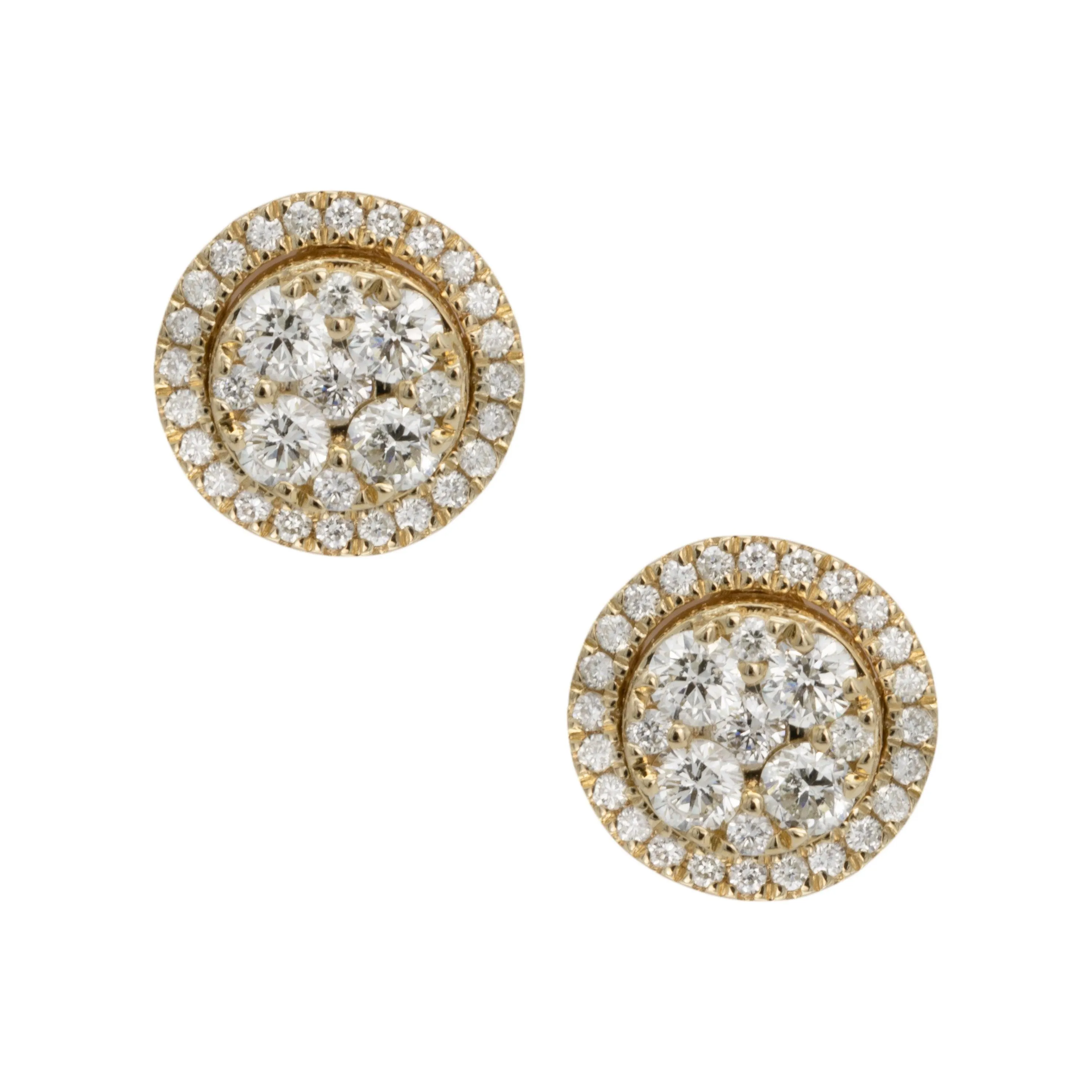 Women's Round Frame Cluster Diamond Stud Earrings 1.03ct 14K Yellow Gold