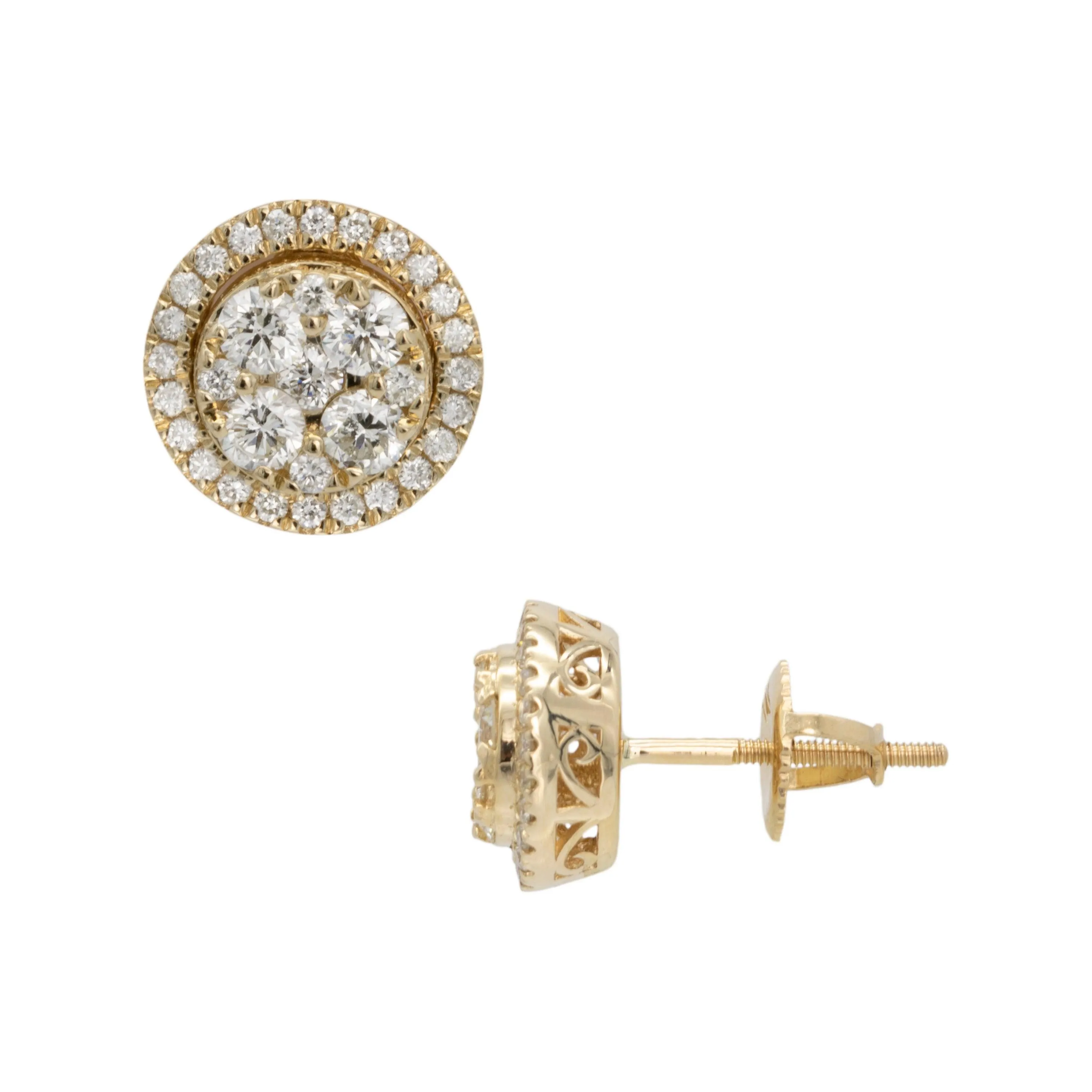 Women's Round Frame Cluster Diamond Stud Earrings 1.03ct 14K Yellow Gold